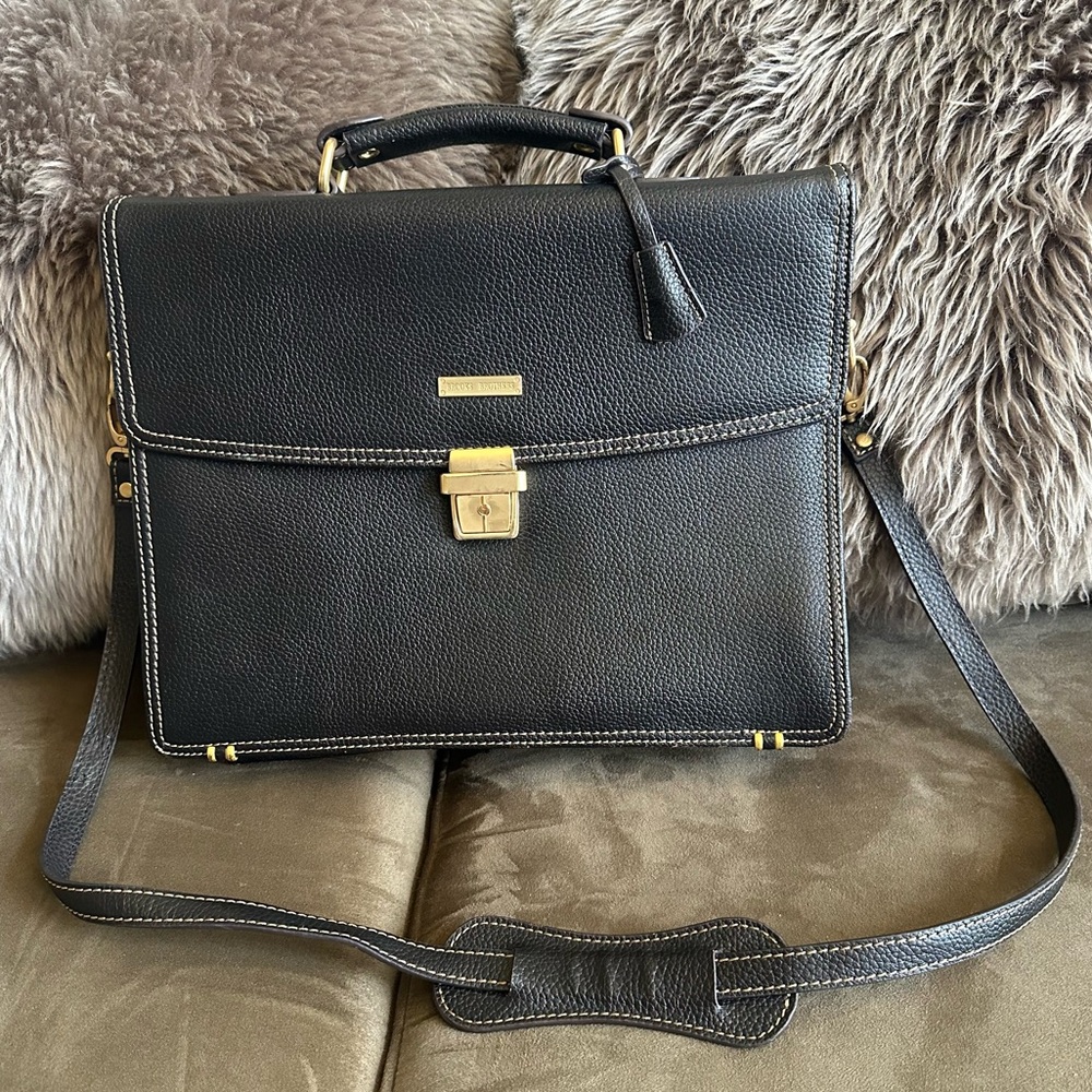 Brooks Brothers Black Pebbled Leather Convertible Brief Travel Tote